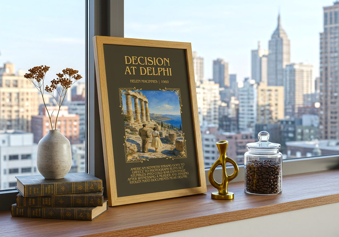 Decision at Delphi Minimalist Book Poster by Helen MacInnes – framed print on a city-view windowsill