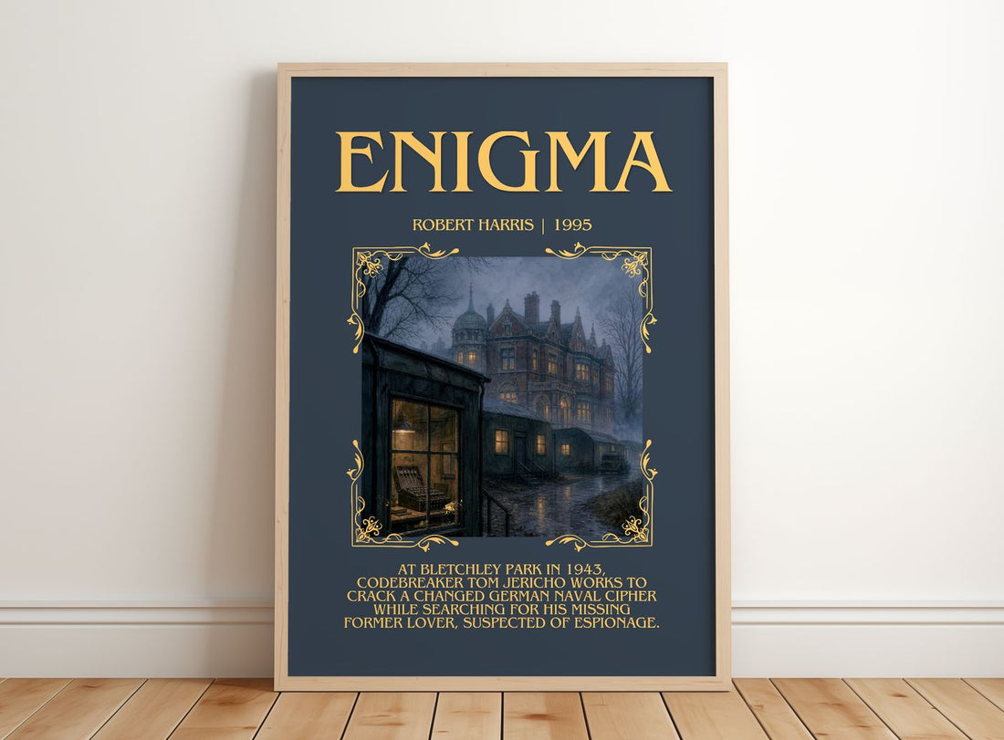 Enigma Minimalist Book Poster by Robert Harris – framed print leaning on a wooden floor