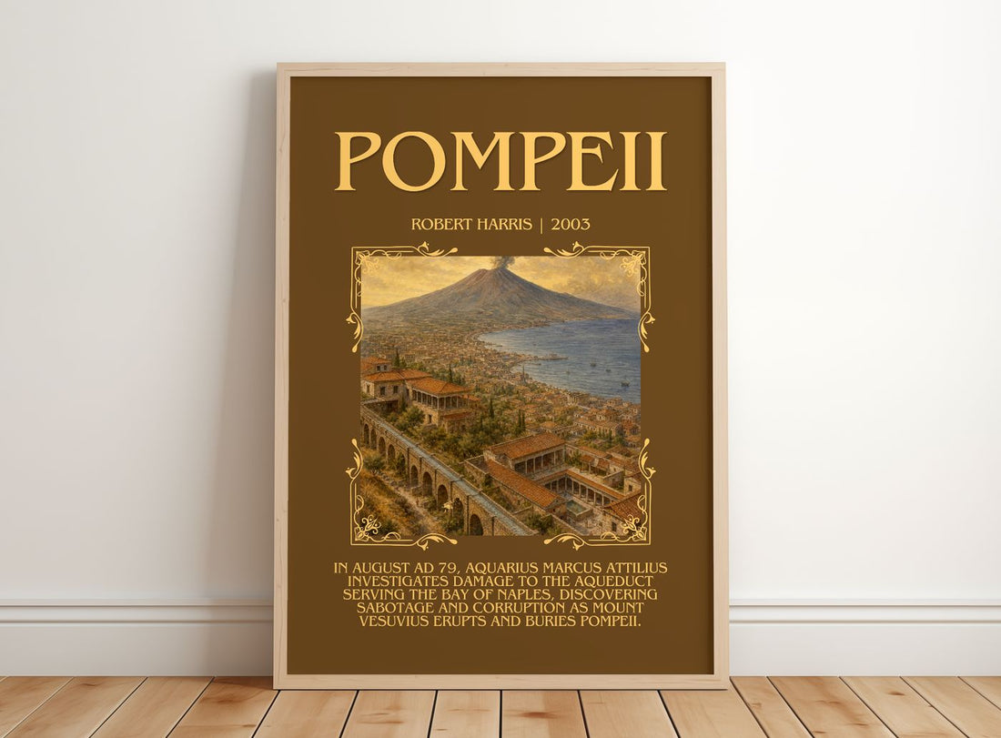 Pompeii Minimalist Book Poster by Robert Harris – framed print leaning on a wooden floor