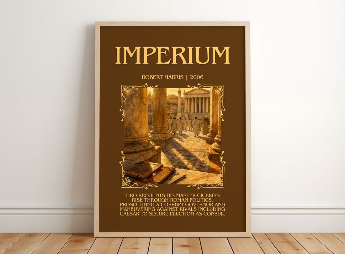 Imperium Minimalist Book Poster by Robert Harris – framed print leaning on a wooden floor