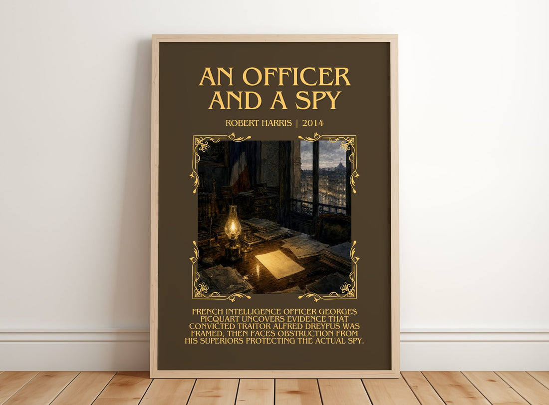 An Officer and a Spy Minimalist Book Poster by Robert Harris – framed print leaning on a wooden floor