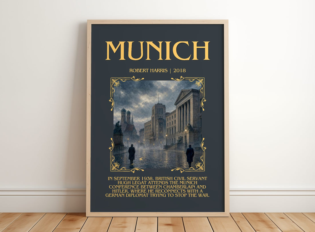 Munich Minimalist Book Poster by Robert Harris – framed print leaning on a wooden floor