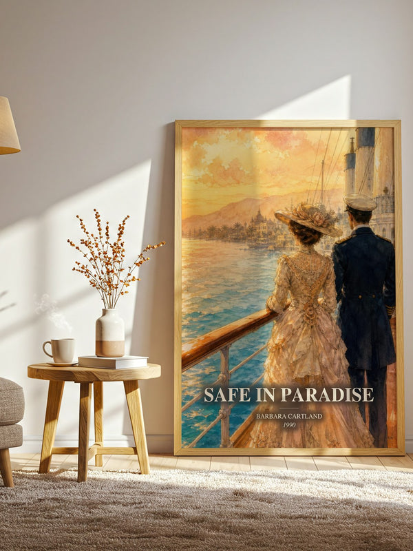 Safe In Paradise watercolour print in frame leaning in hallway – romance wall art