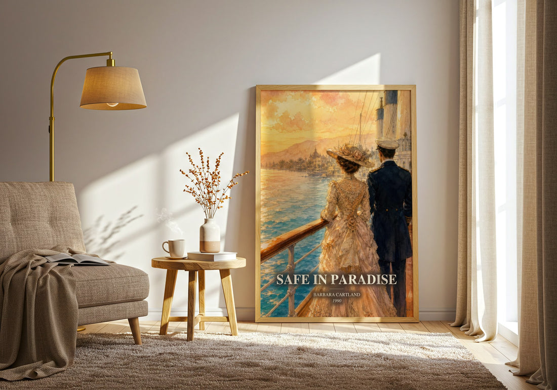 Safe In Paradise watercolour print in frame leaning in hallway – romance wall art (mockup)