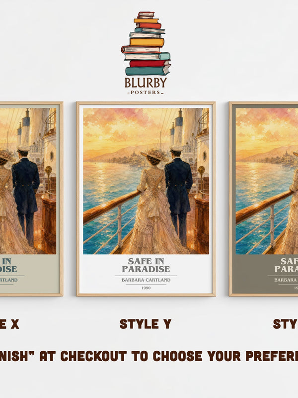Safe In Paradise book cover print in frame leaning in hallway – romance wall art