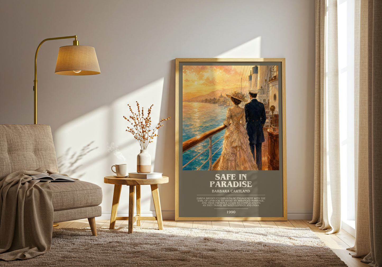 Safe In Paradise bookish print on bookshelf – Barbara Cartland fan gift