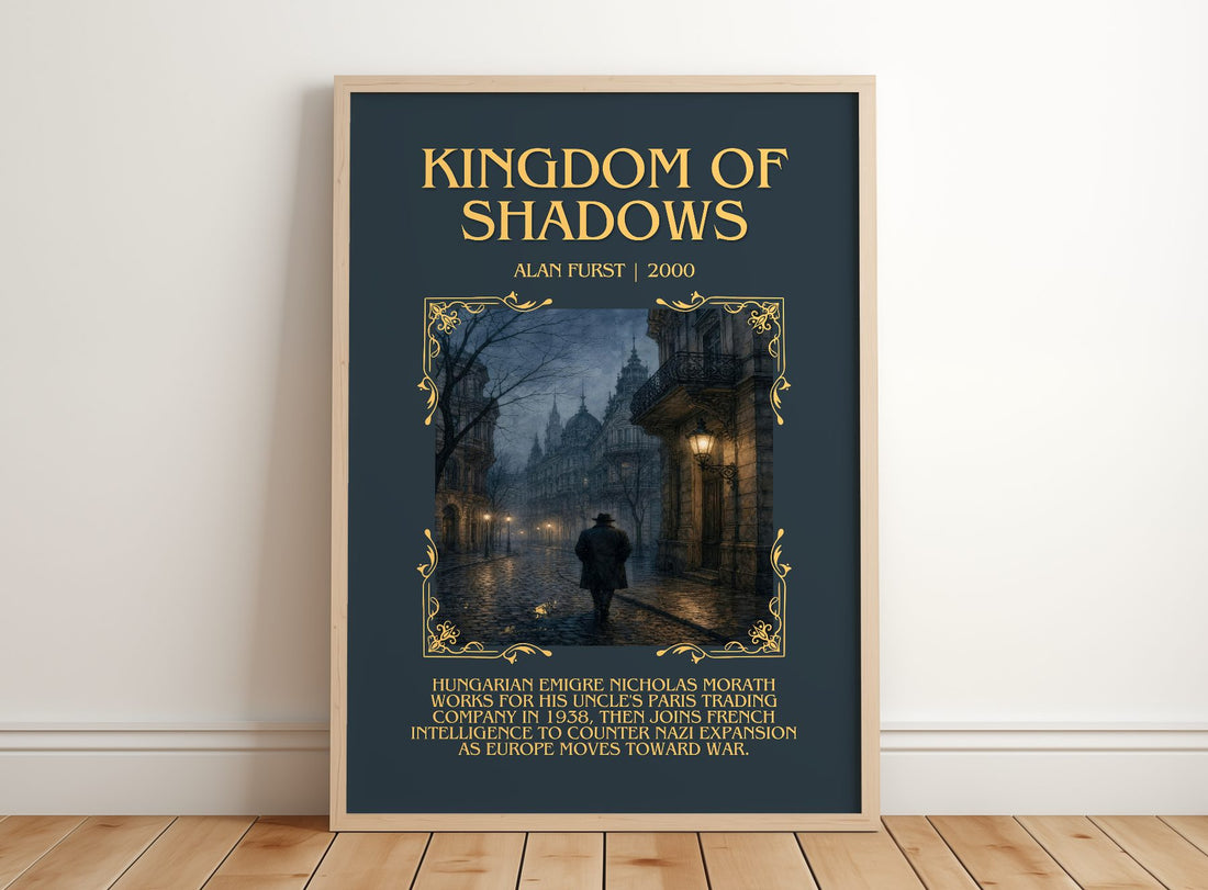 Kingdom of Shadows Minimalist Book Poster by Alan Furst – framed print leaning on a wooden floor