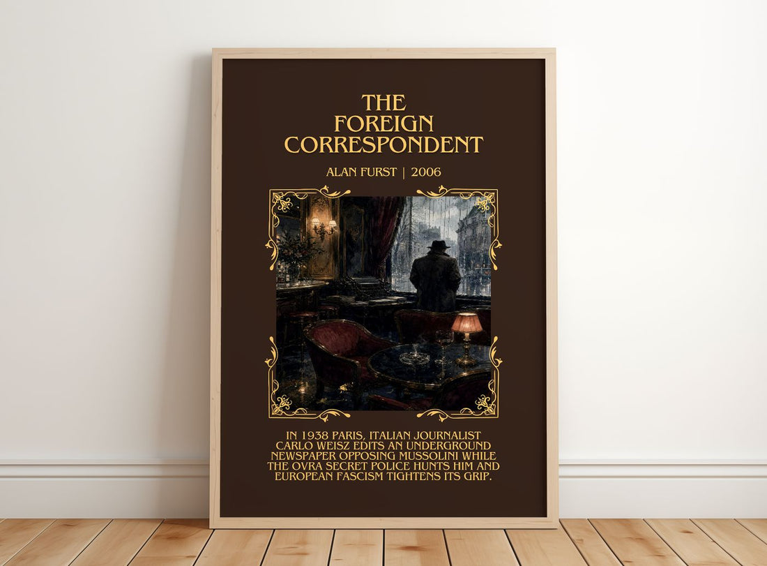The Foreign Correspondent Minimalist Book Poster by Alan Furst – framed print leaning on a wooden floor