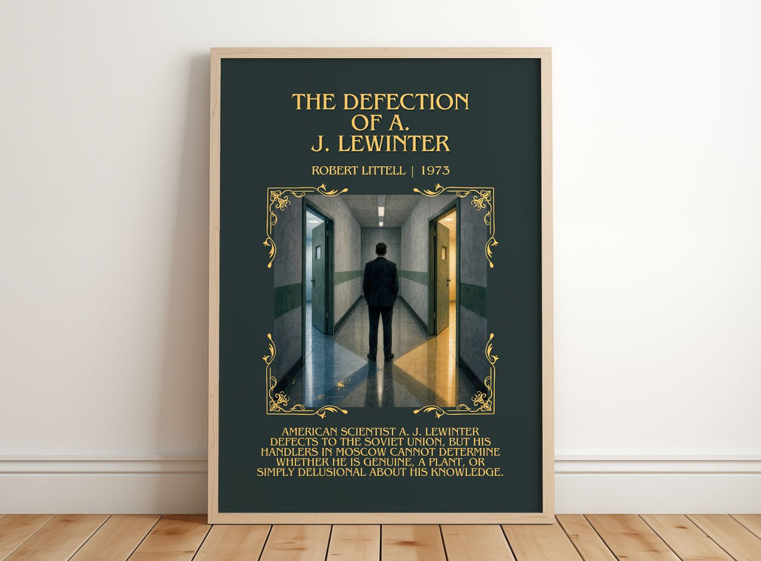 Defection of A. J. Lewinter Minimalist Book Poster by Robert Littell – framed print leaning on a wooden floor