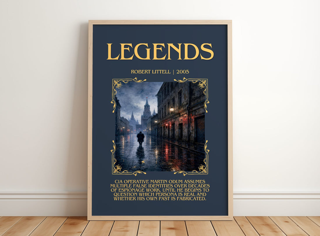 Legends Minimalist Book Poster by Robert Littell – framed print leaning on a wooden floor