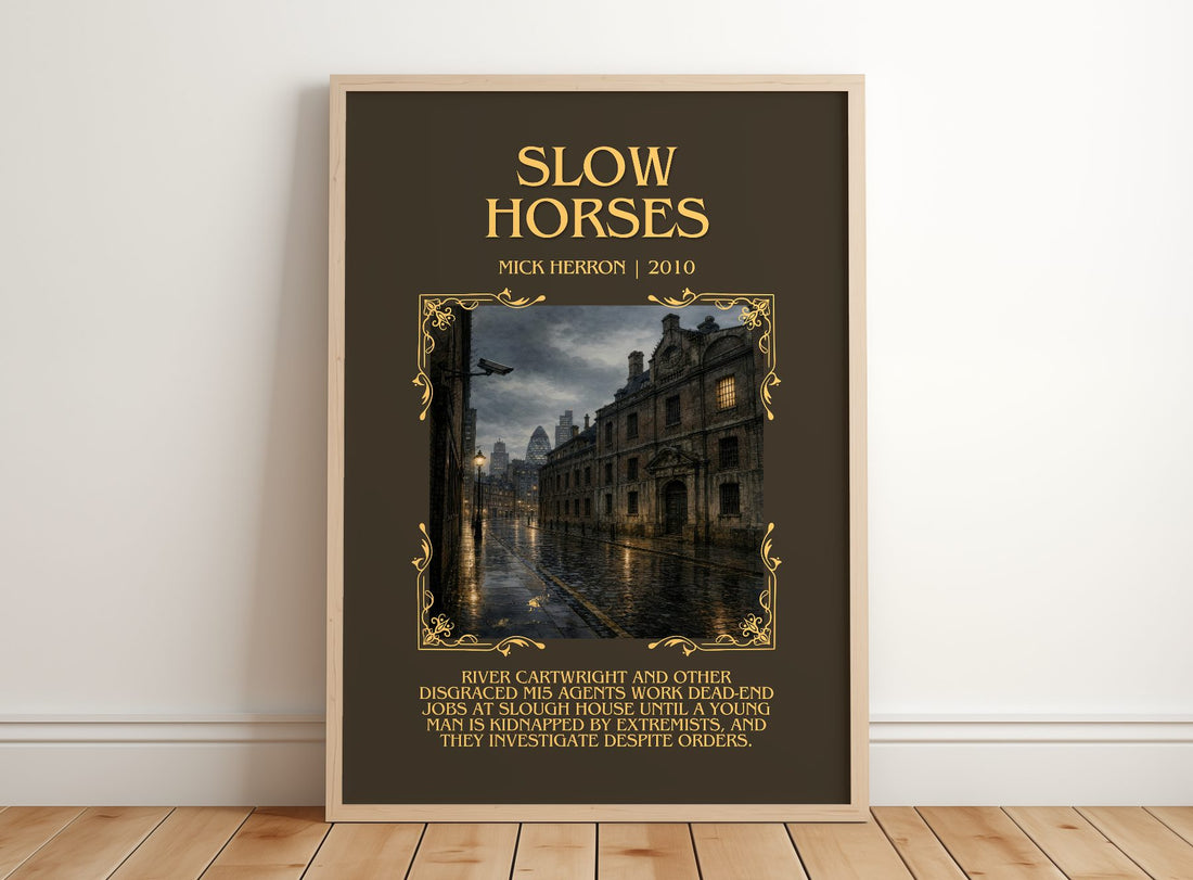 Slow Horses Minimalist Book Poster by Mick Herron – framed print leaning on a wooden floor