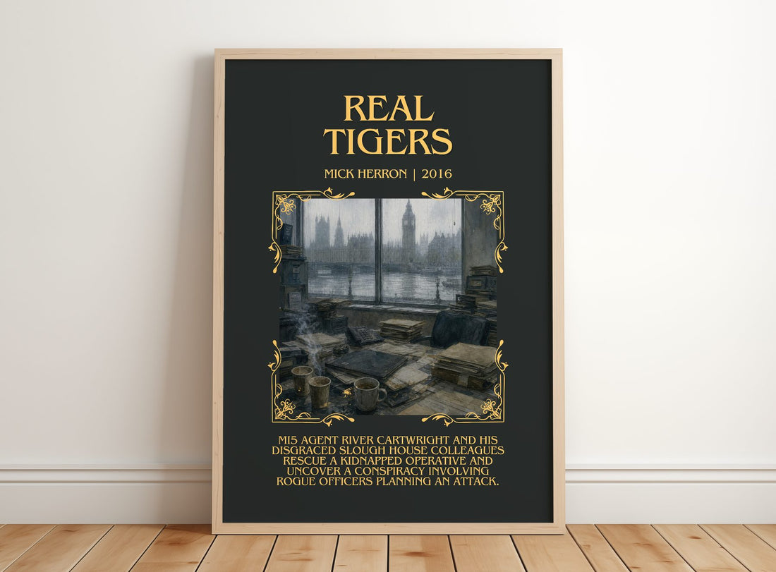 Real Tigers Minimalist Book Poster by Mick Herron – framed print leaning on a wooden floor