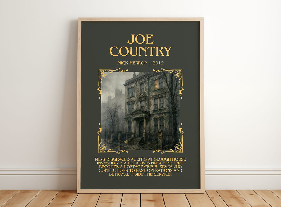 Joe Country Minimalist Book Poster by Mick Herron – framed print leaning on a wooden floor