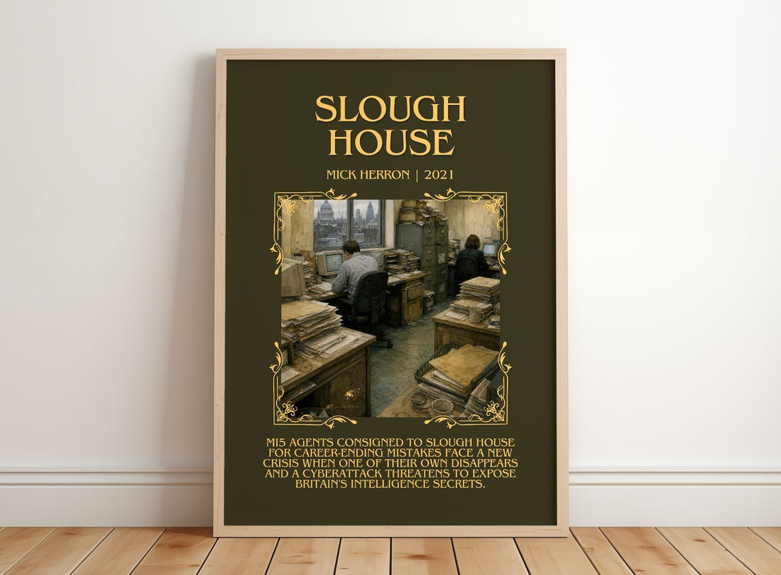 Slough House Minimalist Book Poster by Mick Herron – framed print leaning on a wooden floor
