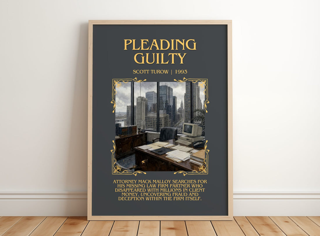 Pleading Guilty Minimalist Book Poster by Scott Turow – framed print leaning on a wooden floor