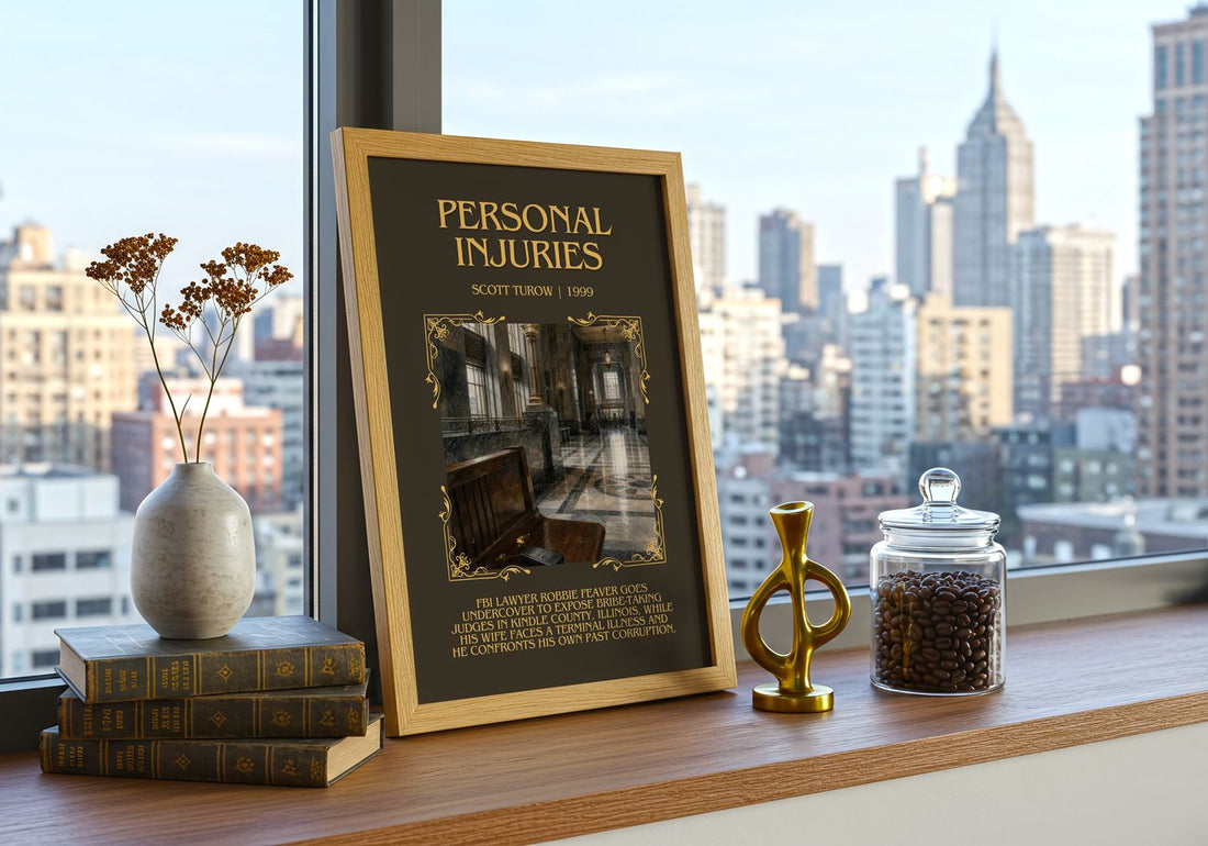 Personal Injuries Minimalist Book Poster by Scott Turow – framed print on a city-view windowsill