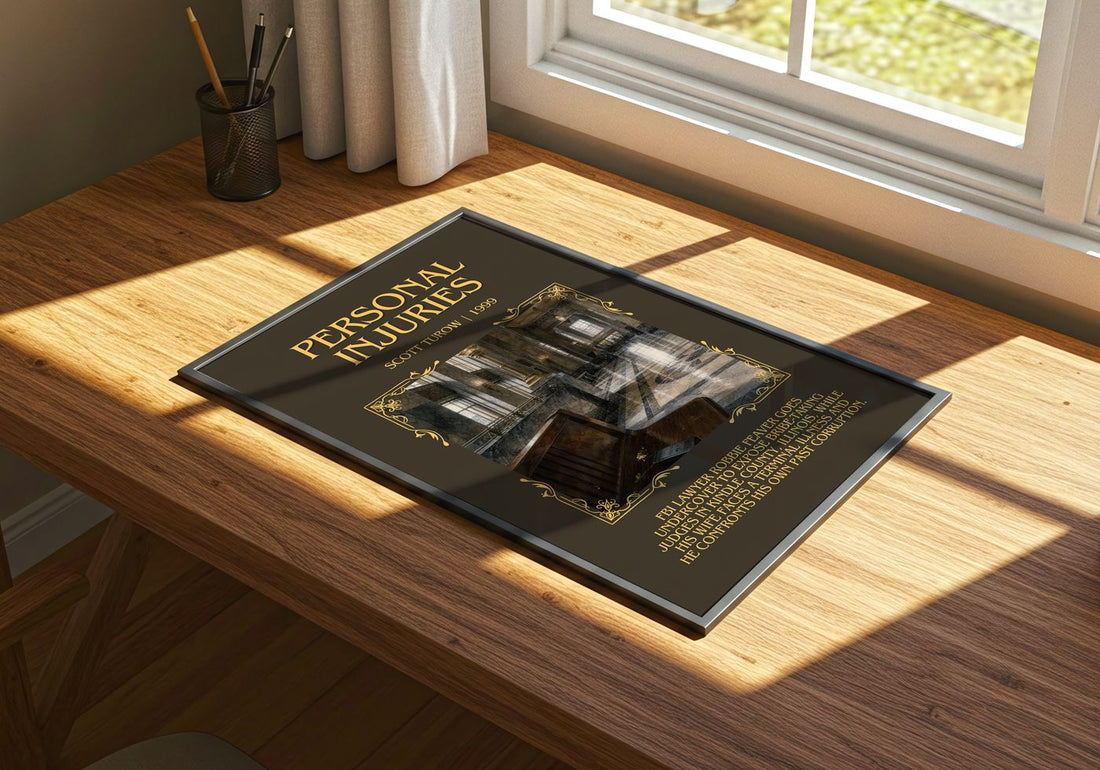 Personal Injuries Minimalist Book Poster by Scott Turow – print on a sunlit desk