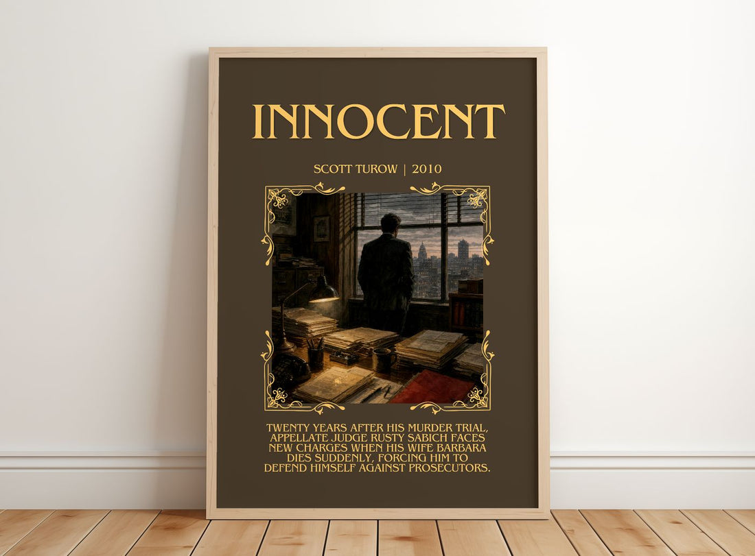 Innocent Minimalist Book Poster by Scott Turow – framed print leaning on a wooden floor