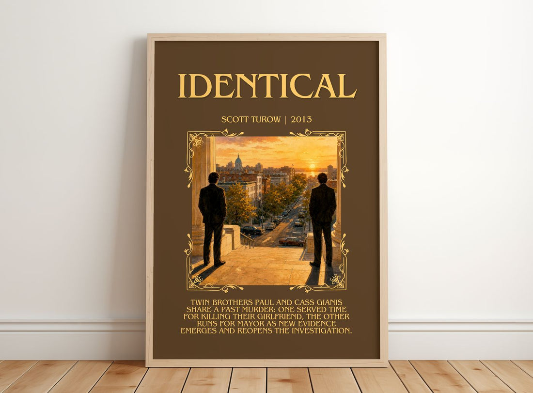 Identical Minimalist Book Poster by Scott Turow – framed print leaning on a wooden floor