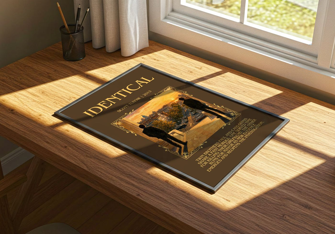 Identical Minimalist Book Poster by Scott Turow – print on a sunlit desk