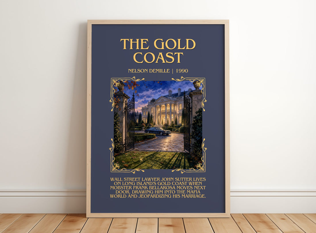 The Gold Coast Minimalist Book Poster by Nelson DeMille – framed print leaning on a wooden floor