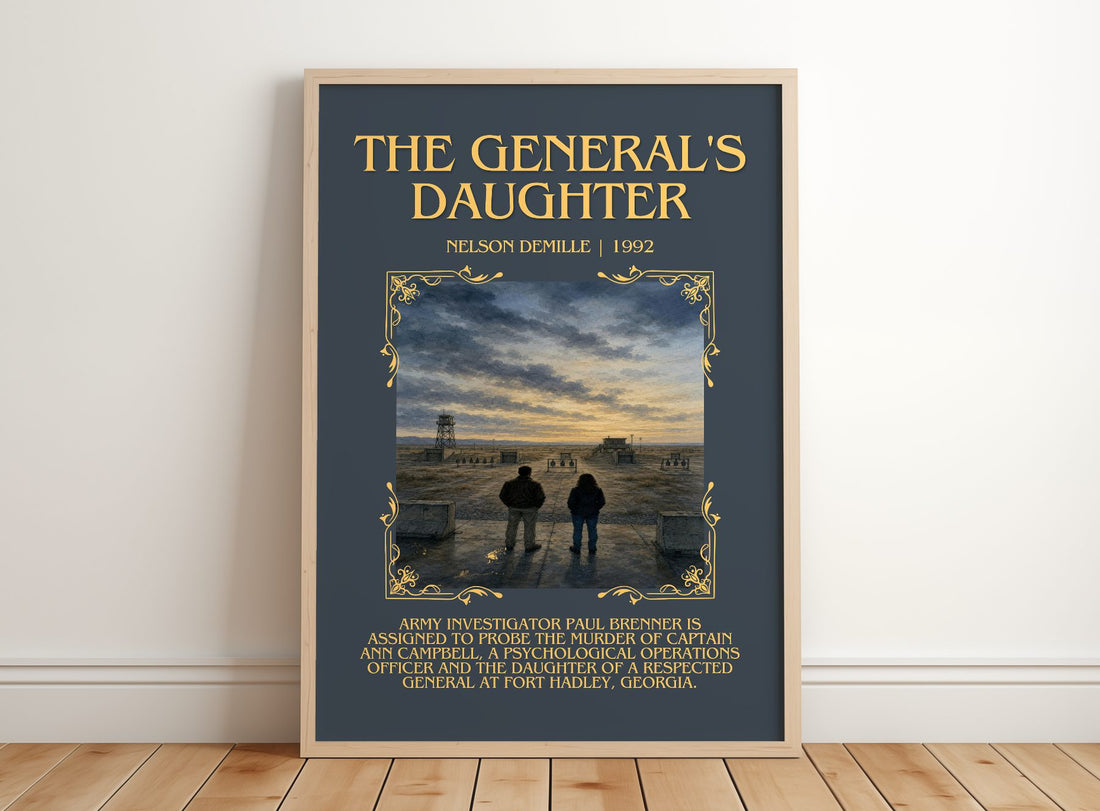 The General's Daughter Minimalist Book Poster by Nelson DeMille – framed print leaning on a wooden floor