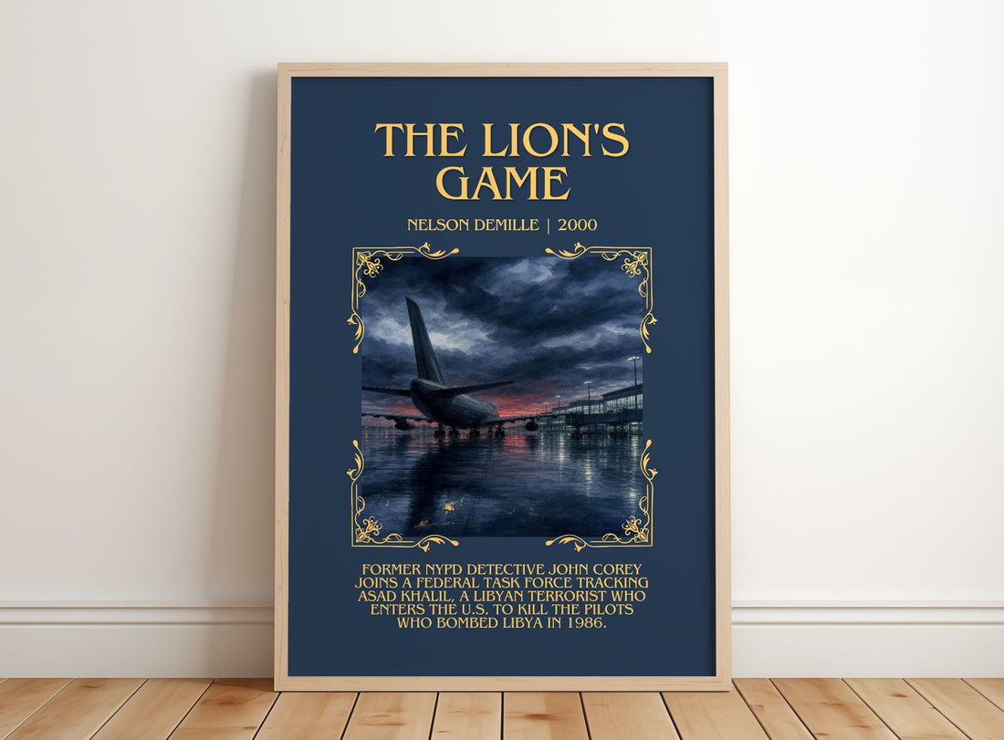 The Lion's Game Minimalist Book Poster by Nelson DeMille – framed print leaning on a wooden floor