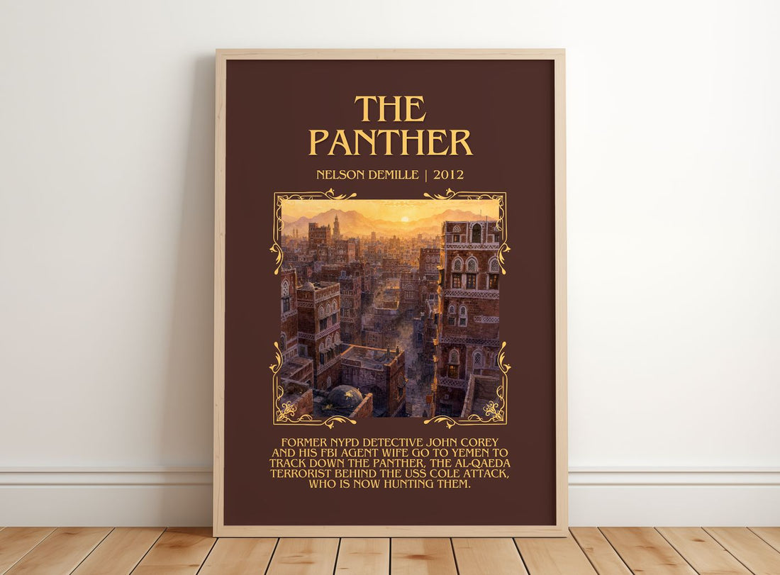 The Panther Minimalist Book Poster by Nelson DeMille – framed print leaning on a wooden floor