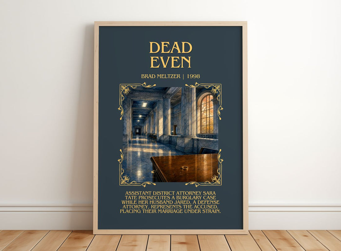 Dead Even Minimalist Book Poster by Brad Meltzer – framed print leaning on a wooden floor
