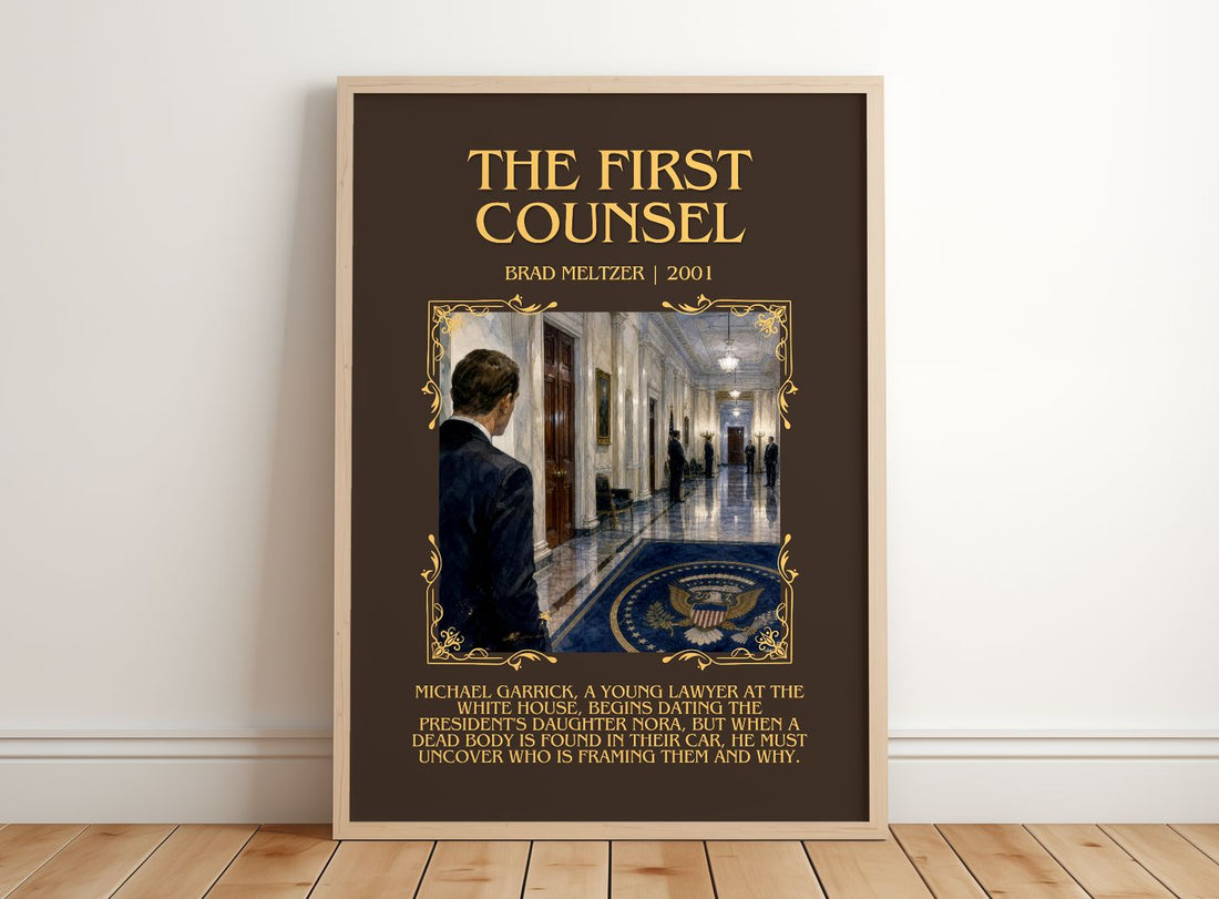 The First Counsel Minimalist Book Poster by Brad Meltzer – framed print leaning on a wooden floor