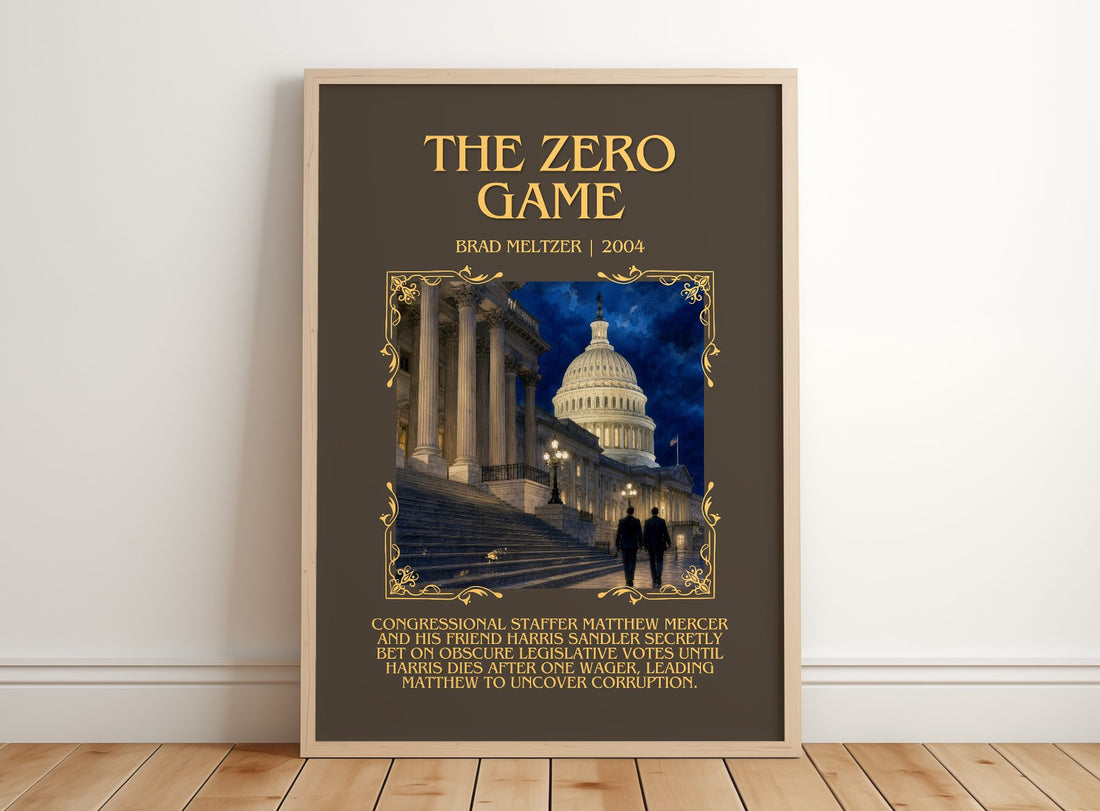 The Zero Game Minimalist Book Poster by Brad Meltzer – framed print leaning on a wooden floor