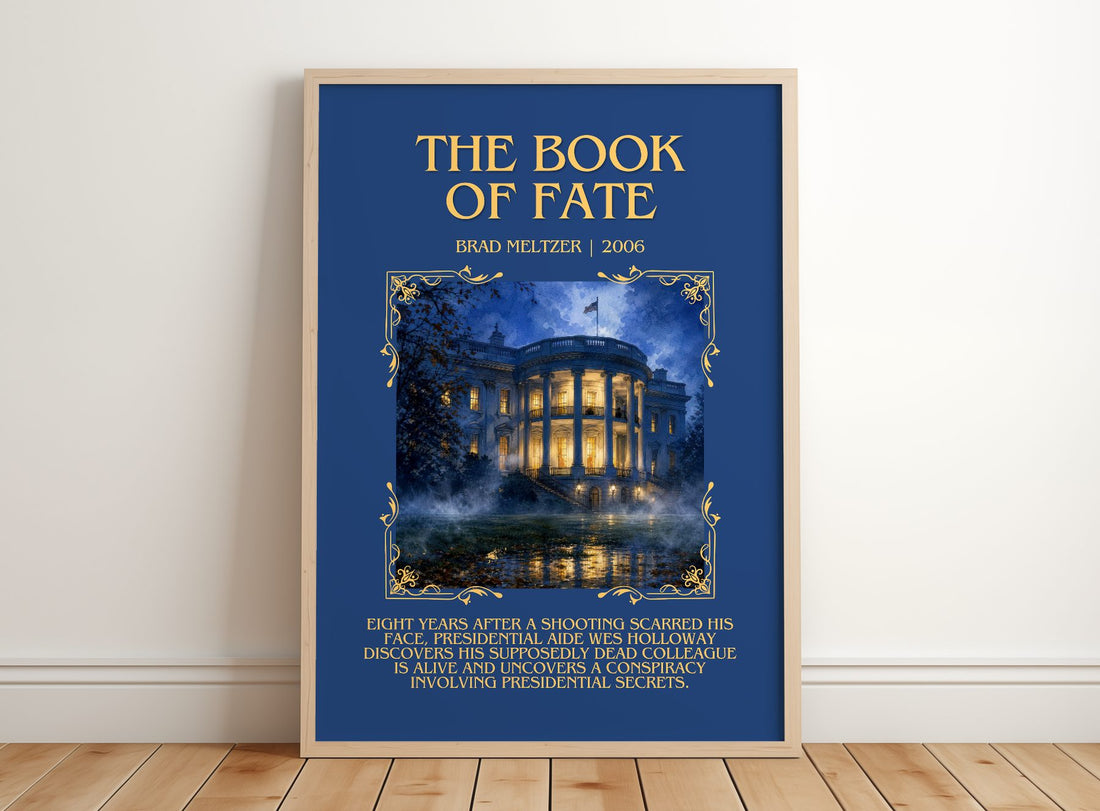 The Book of Fate Minimalist Book Poster by Brad Meltzer – framed print leaning on a wooden floor