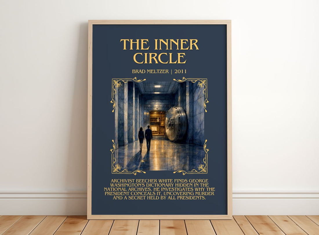 The Inner Circle Minimalist Book Poster by Brad Meltzer – framed print leaning on a wooden floor