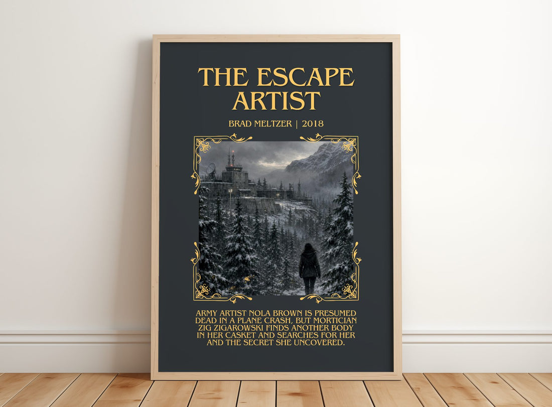 The Escape Artist Minimalist Book Poster by Brad Meltzer – framed print leaning on a wooden floor