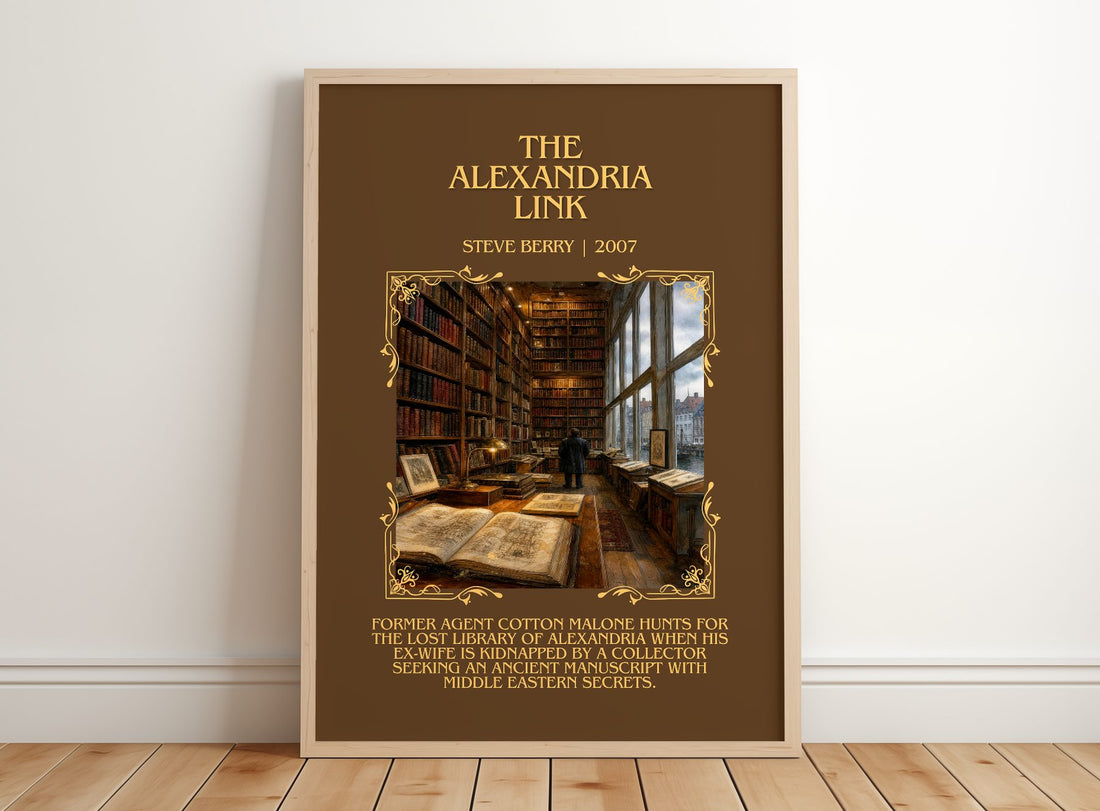 The Alexandria Link Minimalist Book Poster by Steve Berry – framed print leaning on a wooden floor
