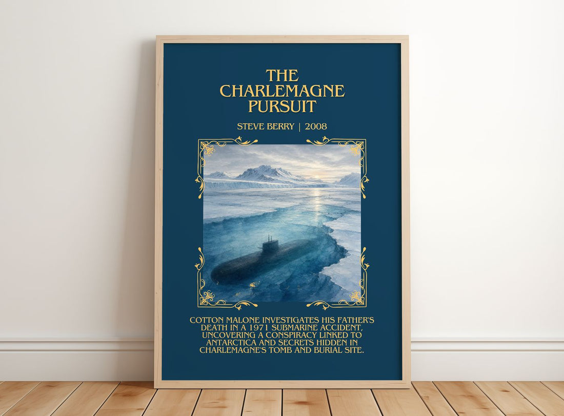 The Charlemagne Pursuit Minimalist Book Poster by Steve Berry – framed print leaning on a wooden floor