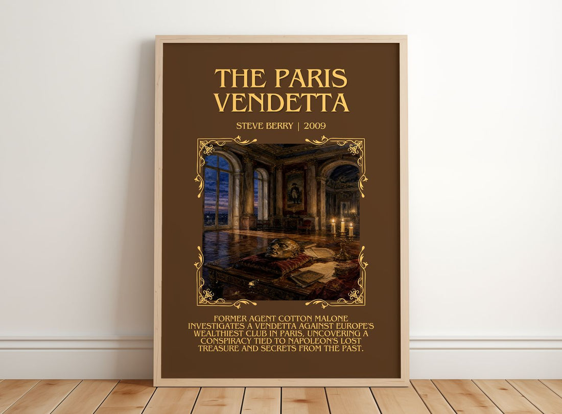 The Paris Vendetta Minimalist Book Poster by Steve Berry – framed print leaning on a wooden floor