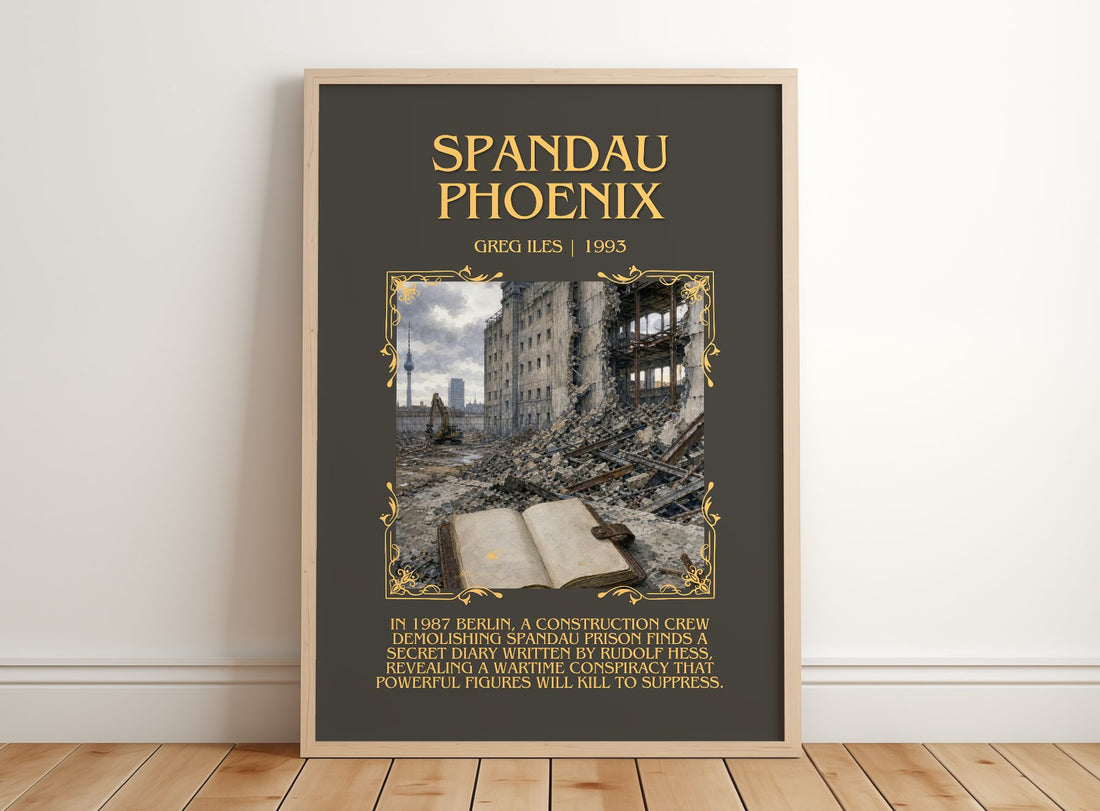 Spandau Phoenix Minimalist Book Poster by Greg Iles – framed print leaning on a wooden floor