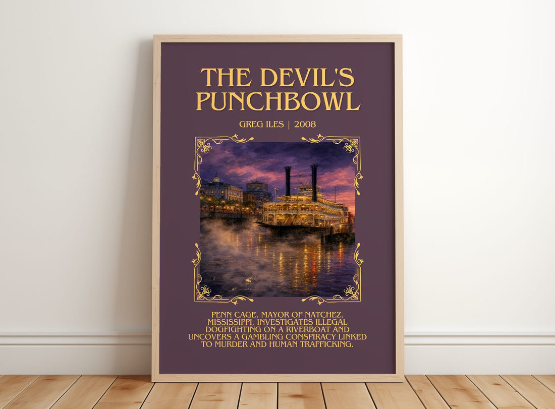 The Devil's Punchbowl Minimalist Book Poster by Greg Iles – framed print leaning on a wooden floor