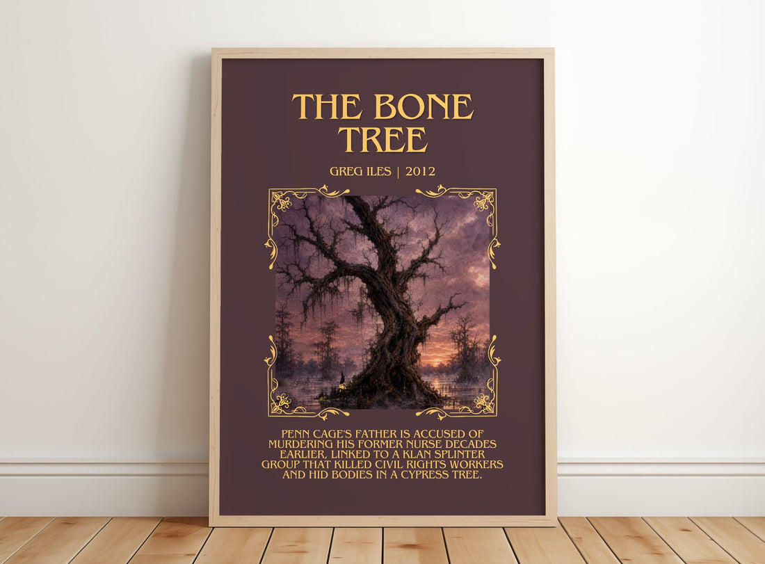 The Bone Tree Minimalist Book Poster by Greg Iles – framed print leaning on a wooden floor