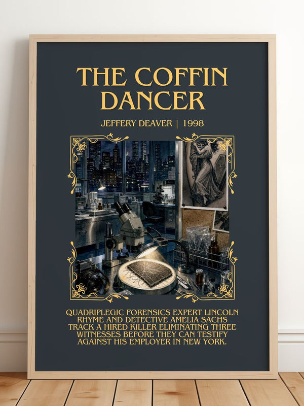 The Coffin Dancer Minimalist Book Poster by Jeffery Deaver – framed print leaning on a wooden floor