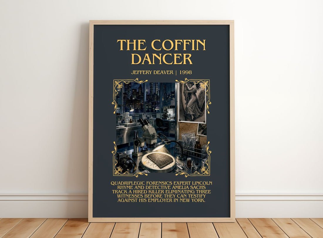 The Coffin Dancer Minimalist Book Poster by Jeffery Deaver – framed print leaning on a wooden floor