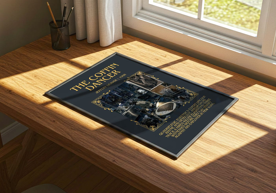 The Coffin Dancer Minimalist Book Poster by Jeffery Deaver – print on a sunlit desk