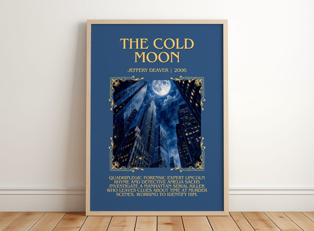 The Cold Moon Minimalist Book Poster by Jeffery Deaver – framed print leaning on a wooden floor