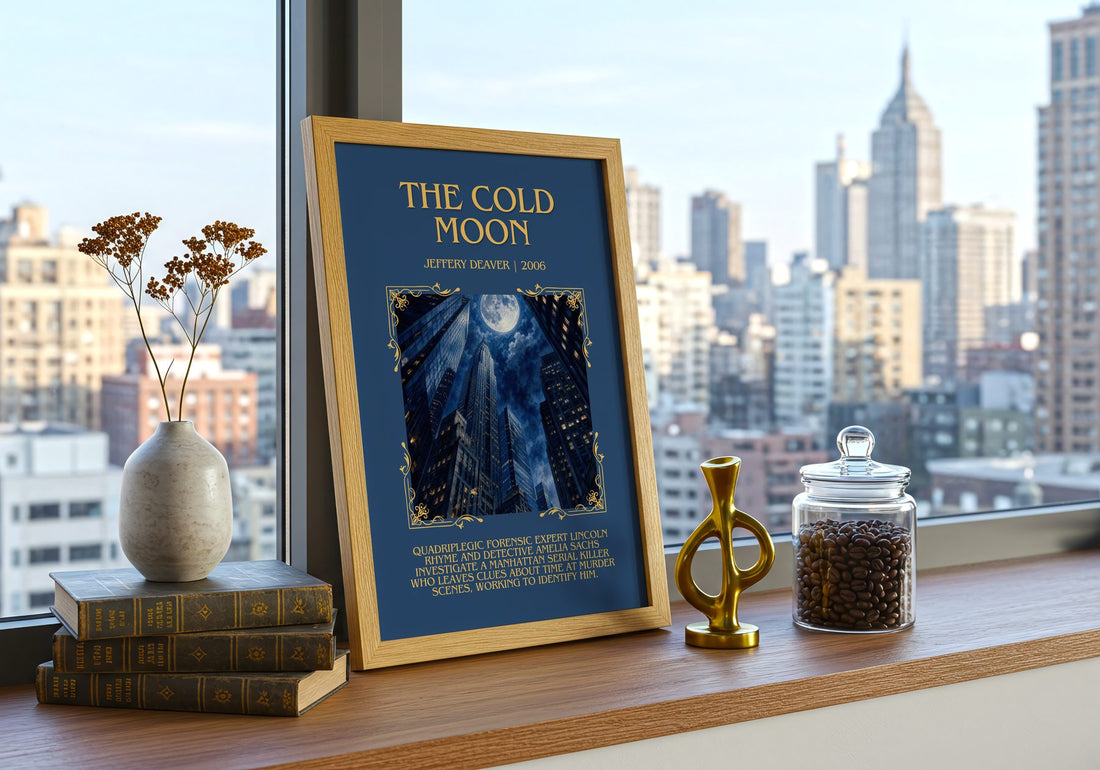 The Cold Moon Minimalist Book Poster by Jeffery Deaver – framed print on a city-view windowsill