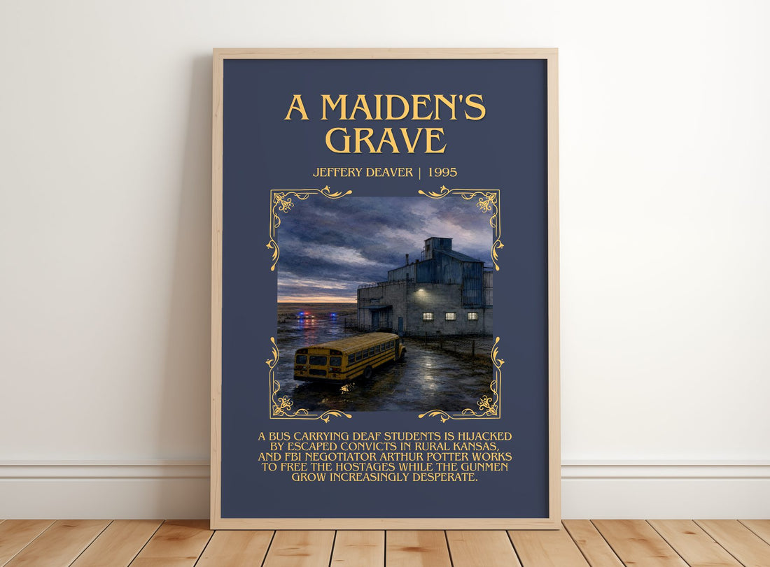 A Maiden's Grave Minimalist Book Poster by Jeffery Deaver – framed print leaning on a wooden floor