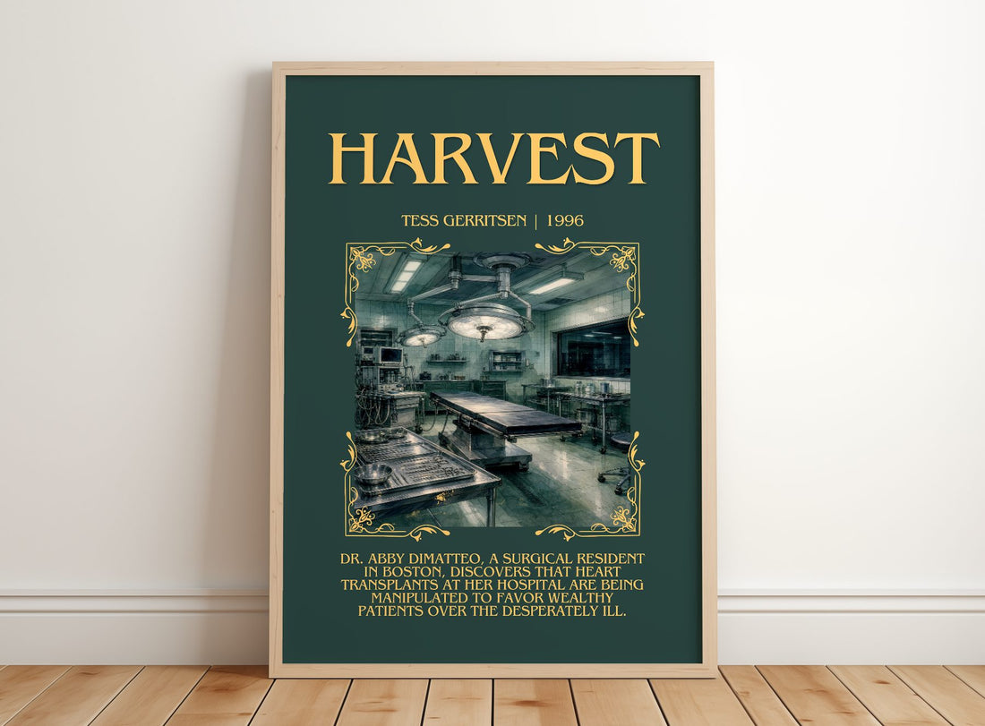 Harvest Minimalist Book Poster by Tess Gerritsen – framed print leaning on a wooden floor