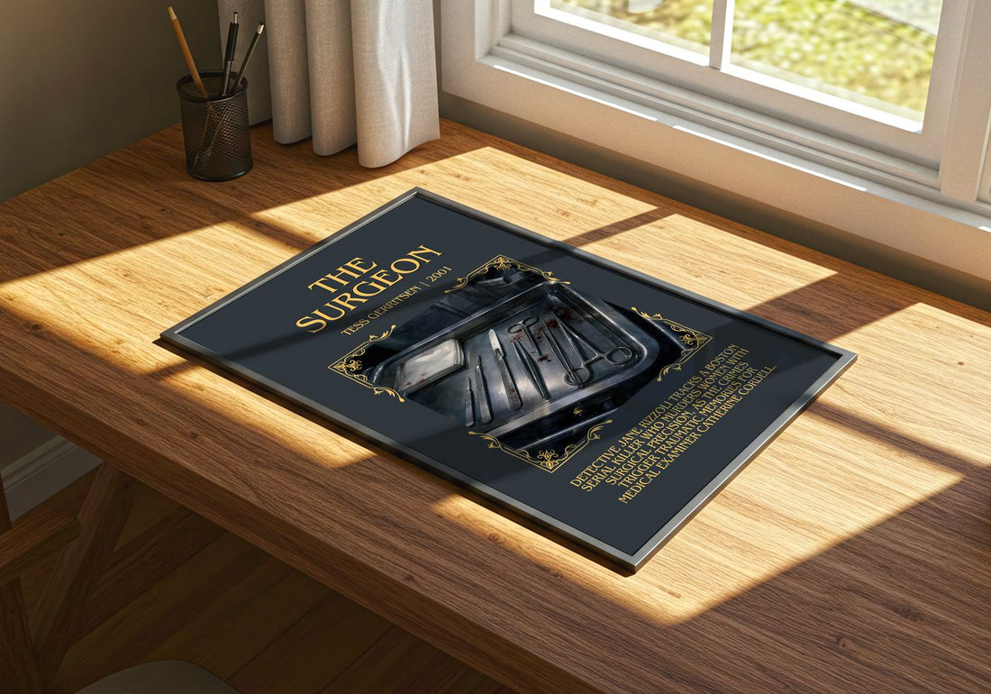 The Surgeon Minimalist Book Poster by Tess Gerritsen – print on a sunlit desk