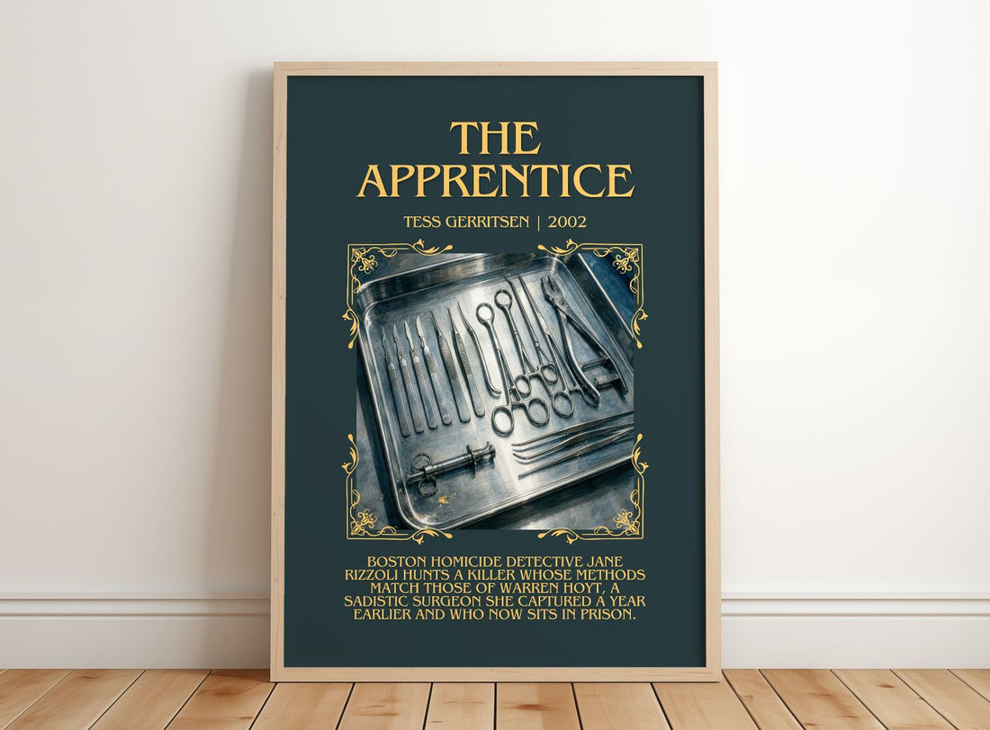 The Apprentice Minimalist Book Poster by Tess Gerritsen – framed print leaning on a wooden floor