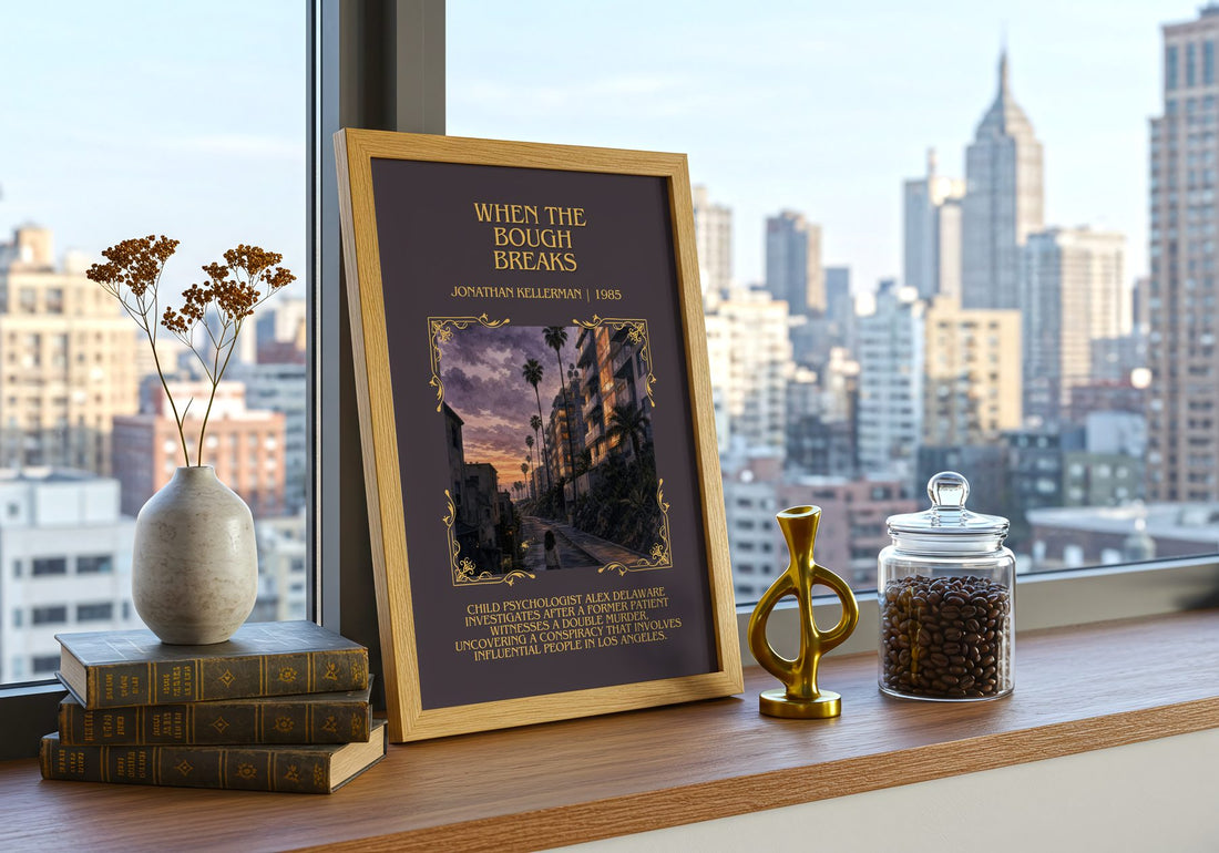 When the Bough Breaks Minimalist Book Poster by Jonathan Kellerman – framed print on a city-view windowsill